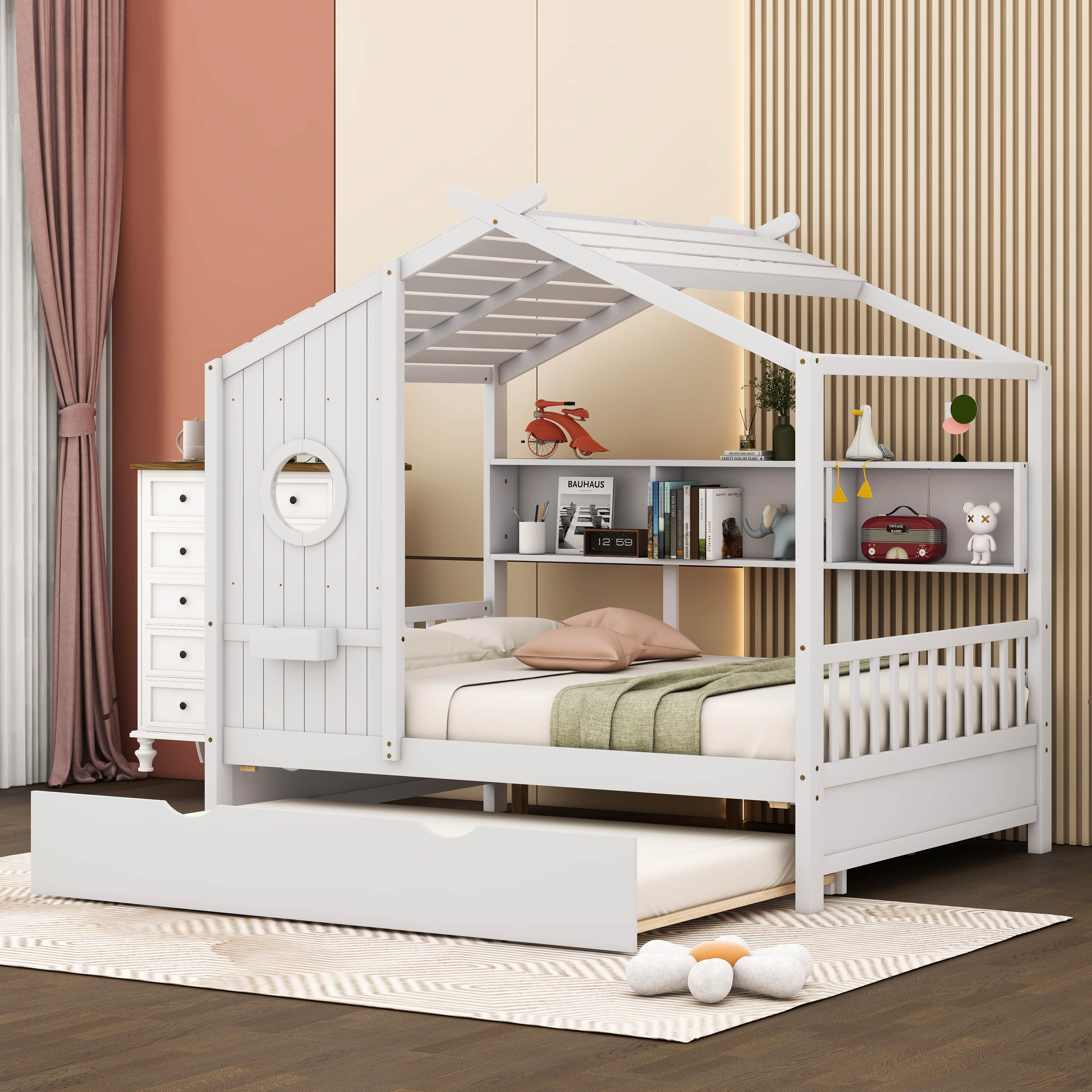 Harper Orchard Adalya Wooden Full Size House Bed With Trundle and Shlef Wayfair